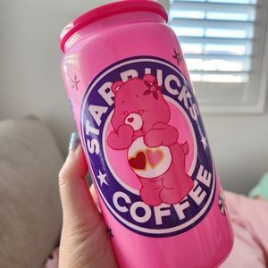 🩷 Care Bears 16oz Glass Cup Hot Pink Shimmer Cup Valentine's Gift
